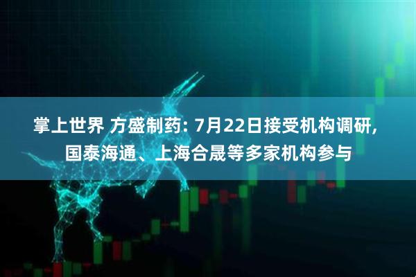 掌上世界 方盛制药: 7月22日接受机构调研, 国泰海通、上海合晟等多家机构参与